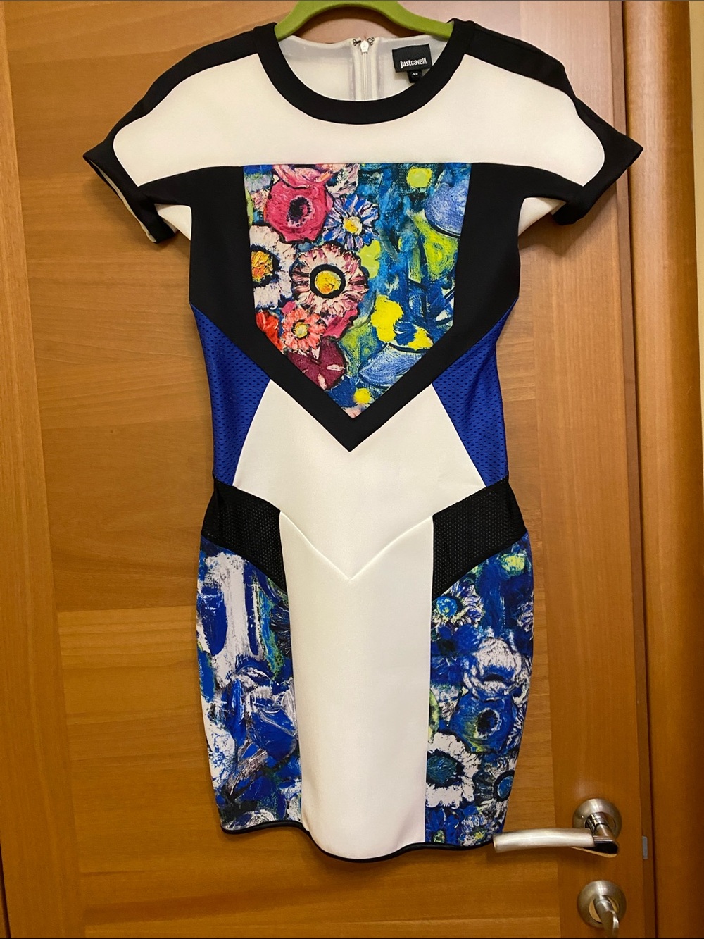 Just Cavalli White, Blue & Multicolor Floral Paneled Mini Dress